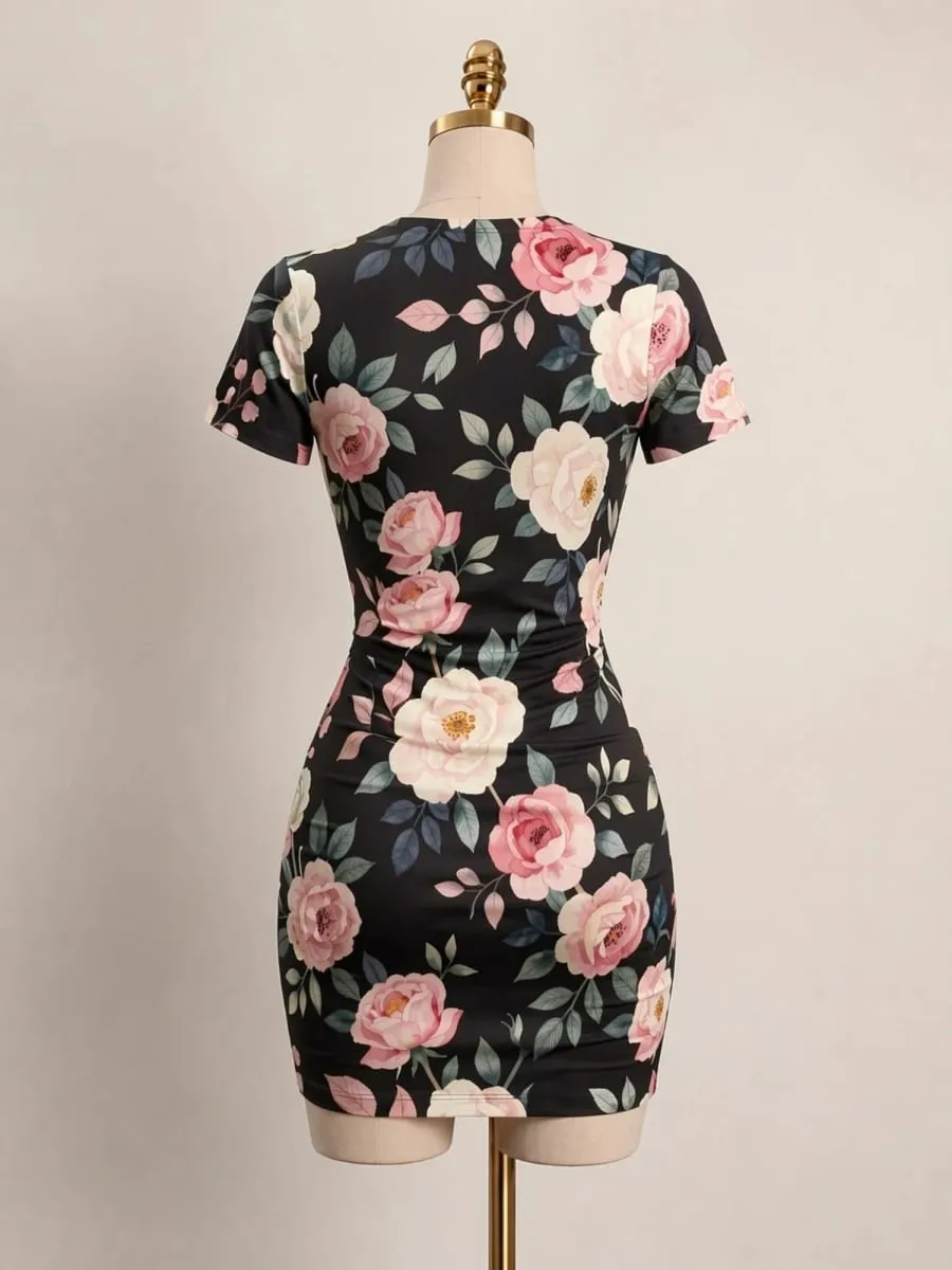 Womens Short Sleeve Bodycon Mini Dress Slim Fit Crew Neck Floral Print Casual Summer Party Cute Casual Weekend Vacation Sundress