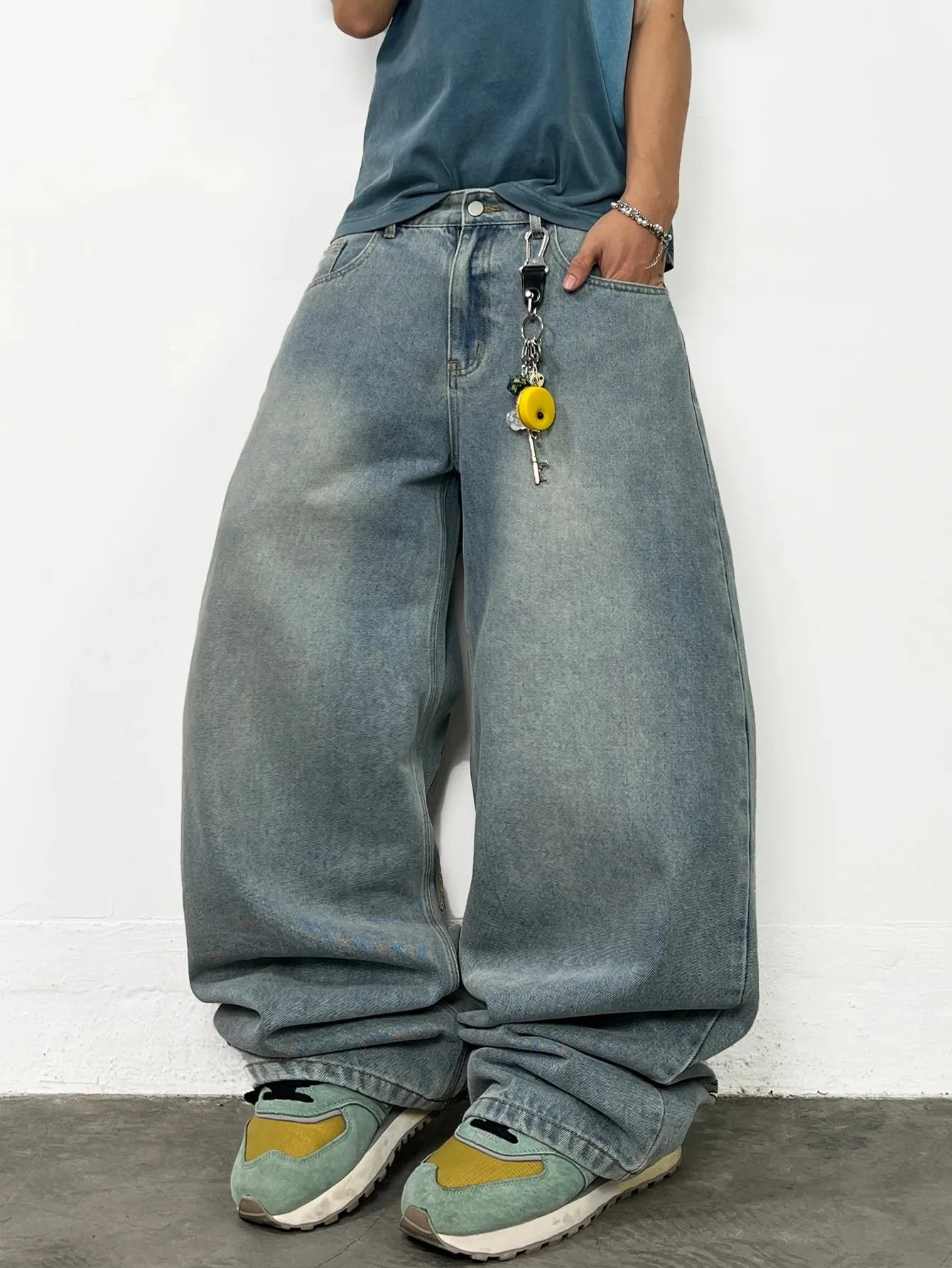American Retro Dragon Art Embroidery Blue Baggy Jeans Men's Y2K Washed Street Hip-Hop Fashion Versatile Straight Wide-Leg Pants