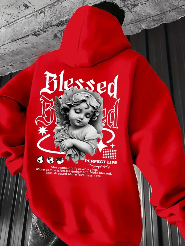 Men's Aesthetic Angel Hoodie Hip Hop Sports Streetwear Blessed Vintage Cherub Print Casual Loose Pullover Sweatshirt Tops