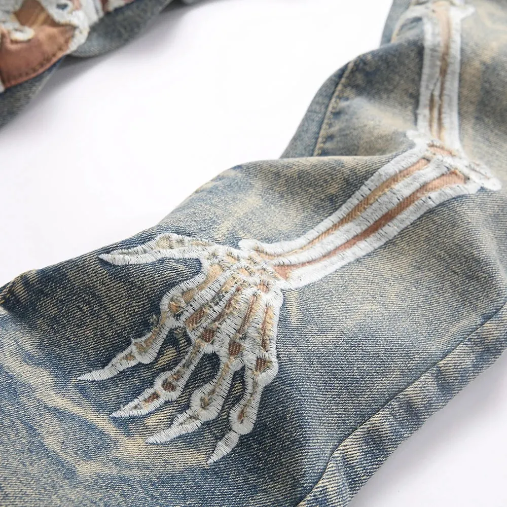 Men's Skull Boot Cut Denim Jeans Vintage Blue Devil Embroidery Stretch Pants Slim Flared Trousers