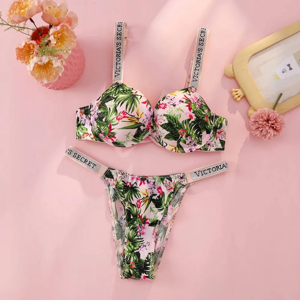 VS Very Sexy Logo Shine Strap Tropical Floral Push Up Bra Shine Script Thong Panty Victoria Secret Sexy Lingerie Set