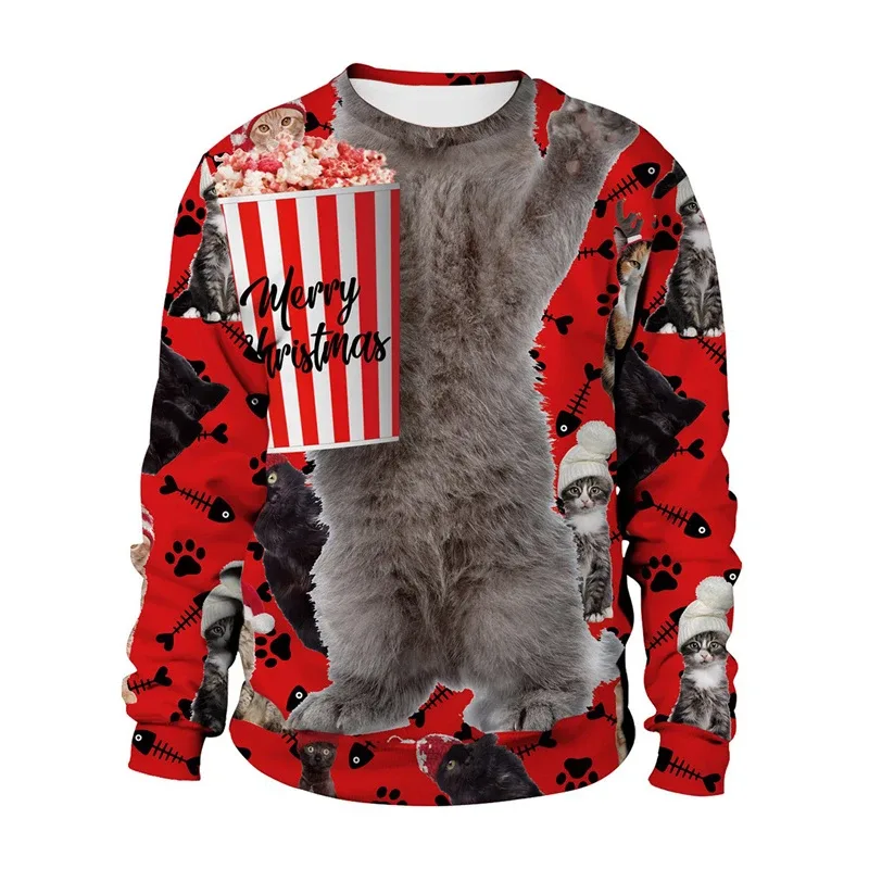 Funny 2026 Ugly Christmas Sweater For Men Women New Xmas Cat Dog Pattern Sweatshirt Festival Party Crew Neck Pullover Hoodies