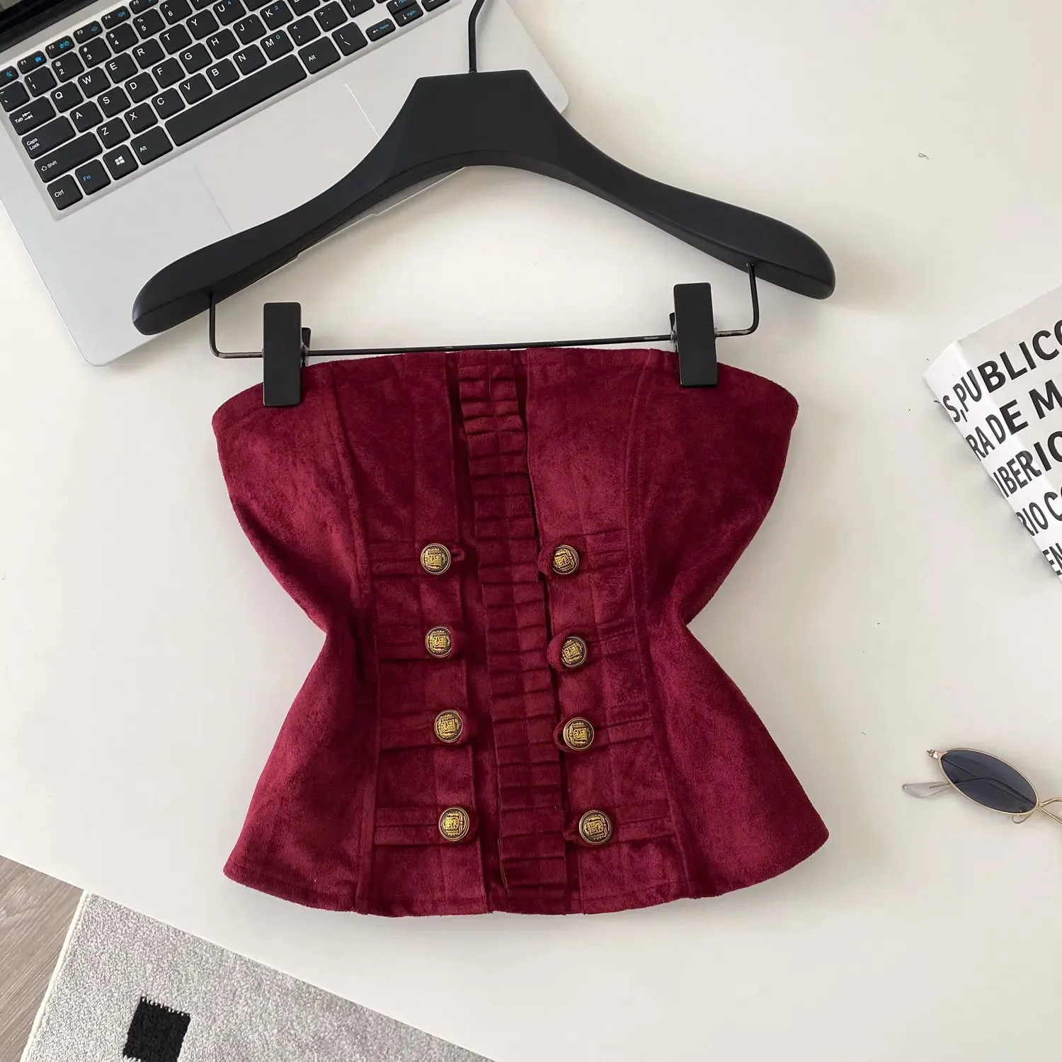 Fake Suede Senior Vintage Tank Top Autumn Female Metal Button Bodycon Top French Sensual Chic Commute Party Camisole