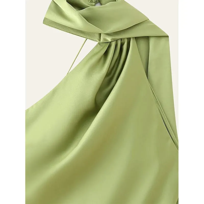 High Street Women Sexy Elegant Halter Long Dress Pambabae Fashion Backless Green Satin Party Maxi Vestidos