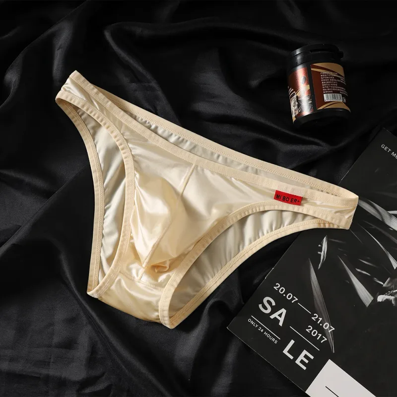 Men Low Waist Satinlike Ice Silk Stretch Brief Underwear Breathable Pouch Soft Fabric Underpants for Multiple Seasons