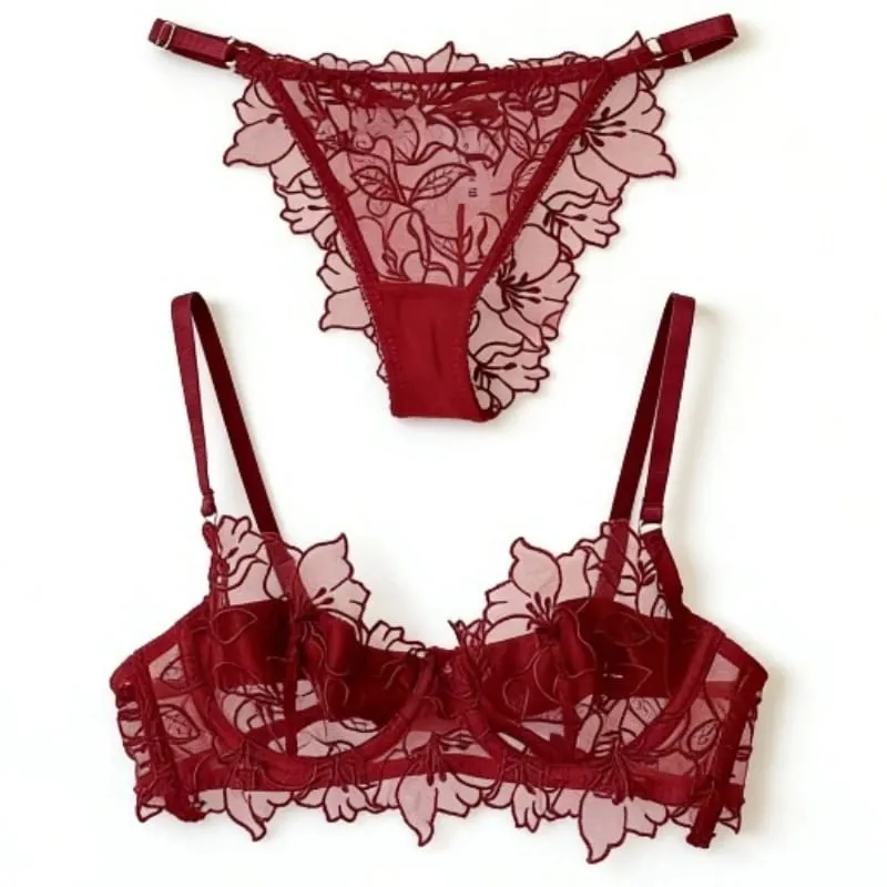 Set reggiseno imbottito con busto piccolo | Set di biancheria intima in pizzo ricamato e rete con morbido ferretto, comoda demi cup, mutandine sexy Tushy in PP