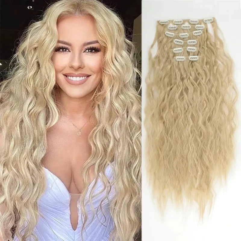 6PCS Clip In Hair Extensions 24" Black Brown Hair Extension Long Mermaid Waves Synthetic Clip On Hairpiece For Women