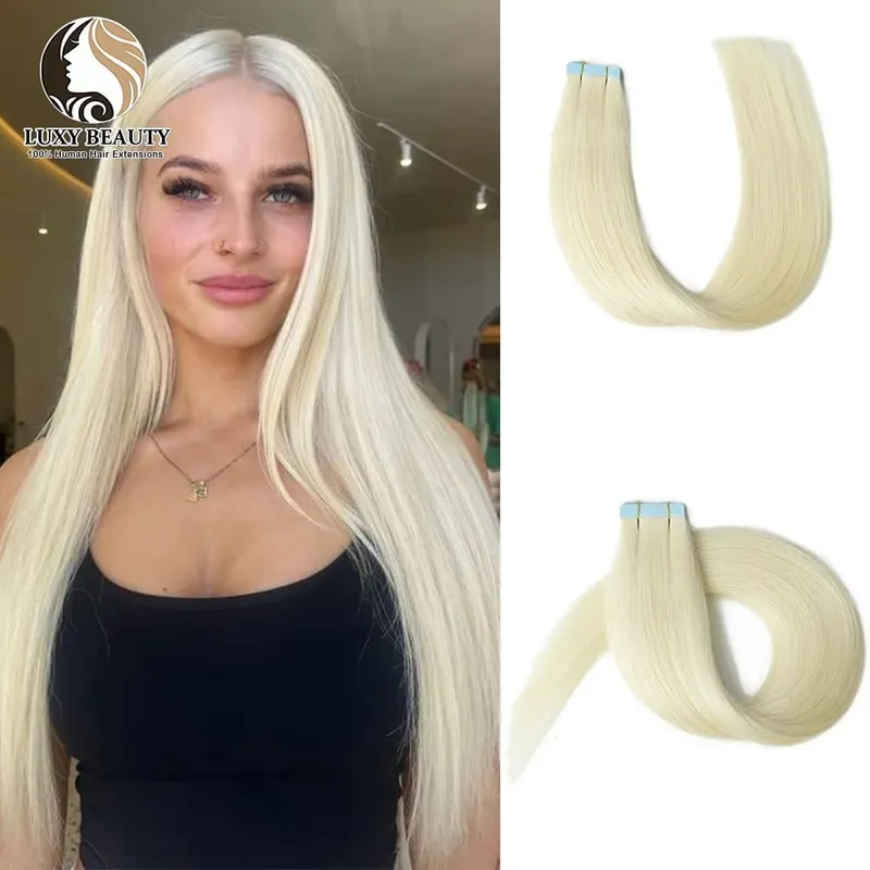 Fita balayage longa e reta em extensões de cabelo, cabelo humano real, sem costura, trama de pele, fita pu, cabelo natural, preto, marrom, loiro, 20 peças