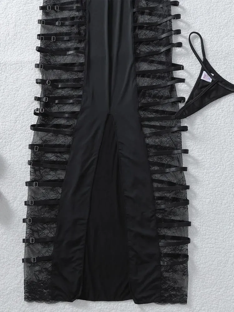 Belamimi Sexy Perspective Lace V‑Neck Cami Shapewear Bodycon Dress Sleeveless Slim Mini Dress With Panties Club Nightwear