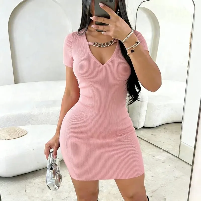 Women's Black Short Sleeve V Neck Cutout Chain Sundress Stretchy Ribbed Knit Bodycon Mini Dress Party Clubwear Dress Outfits
