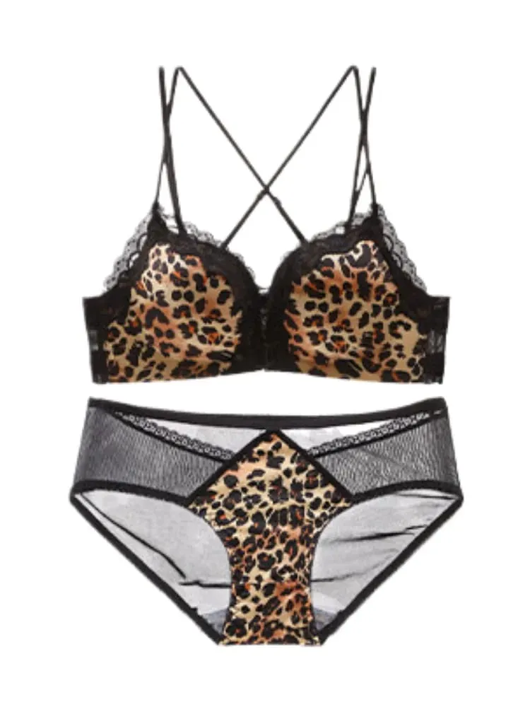 Best Selling Leopard Print Front Closure Push Up Bra Set Sexy Back Design Small Bust Enhancing Women Lingerie