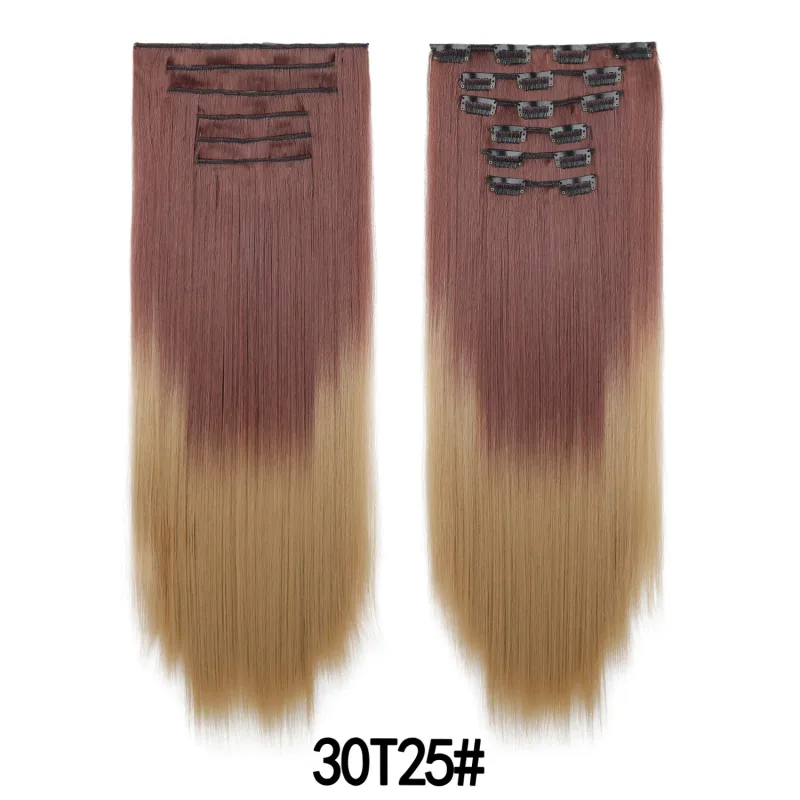 6 ชิ้น 24 นิ้วสี Ombre คลิปต่อผมยาวสังเคราะห์ตรง Hairpieces Layered นุ่มคลิปที่มองไม่เห็น Ins Extensions