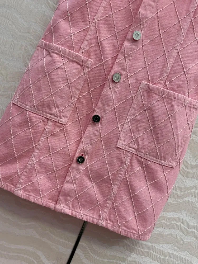 Spring Summer Fashion Pink Slim Mini Cowboy Pencil Dress Women's Spaghetti Strap Pocket Sewing High Waist Short Dresses