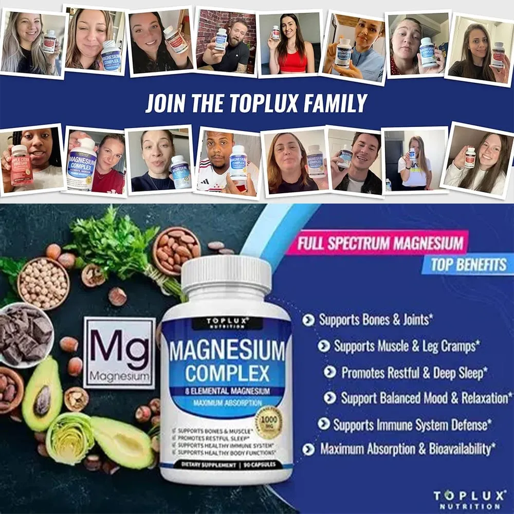 Magnesium Complex 1000mg 8 Elemental Magnesium Supplement with Glycinate Citrate Oxide Aspartate Orotate Malate Taurate High Abs