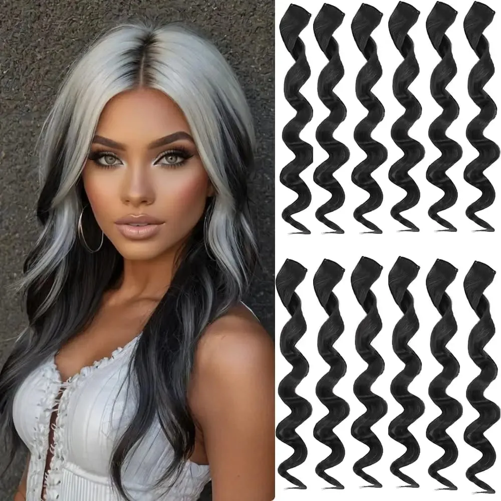 6 Pcs Black Hair Extensions 22 Inch Curly Wavy Colored Hair Colorful Clip in Extensions Highlight Party for Kids Girls Synthetic