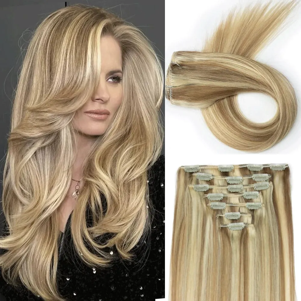 7PCS Light Blonde to Golden Ombre Clip in Remy Human Hair Extensions 16-22 Inch Natural Straight Balayage Highlighted Double Wef
