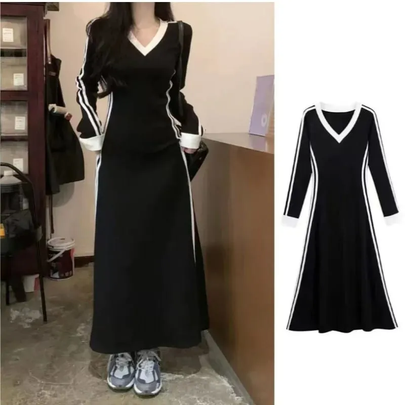 Women Autumn Midi Dress Fashion Patchwork V-Neck Short Sleeve Black Long Skirt High Waist A-Line Dress Sports Ankle-length Dress