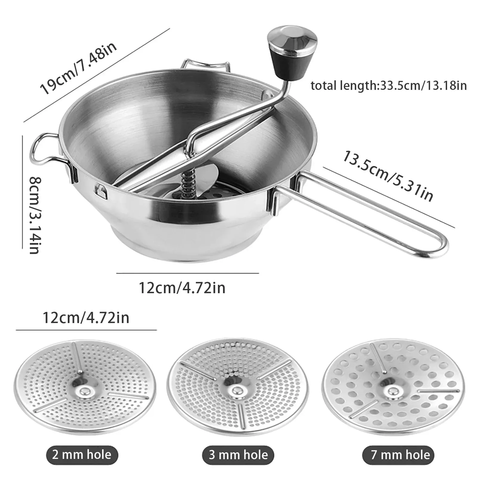 Stainless Rotary Food Mill Multifunctional Jams Mill with 3 Discs Durable Food Manual Grinder Vegetable Mud