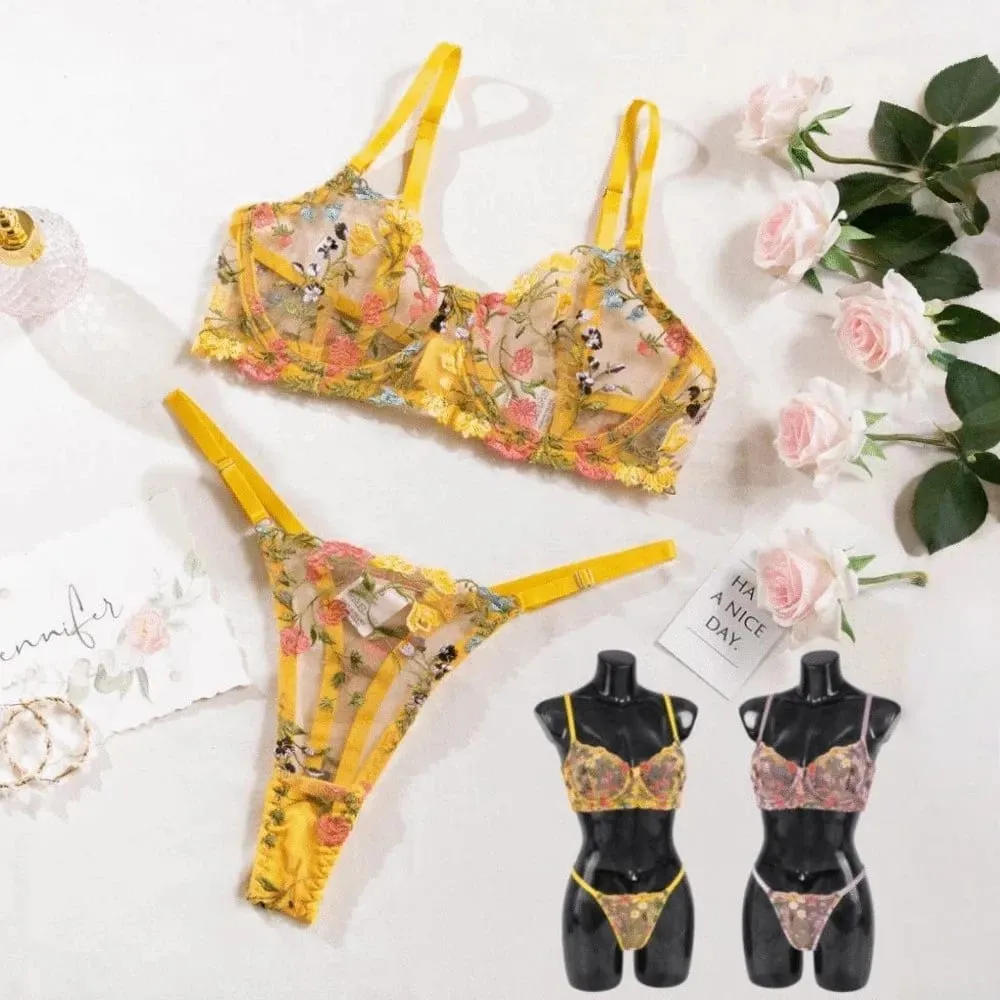 2-Piece Floral Lingerie Set Sheer Versatile Underwear Intimates Underwire Push-up Embroidery Bra Panty Set For Lady Girl