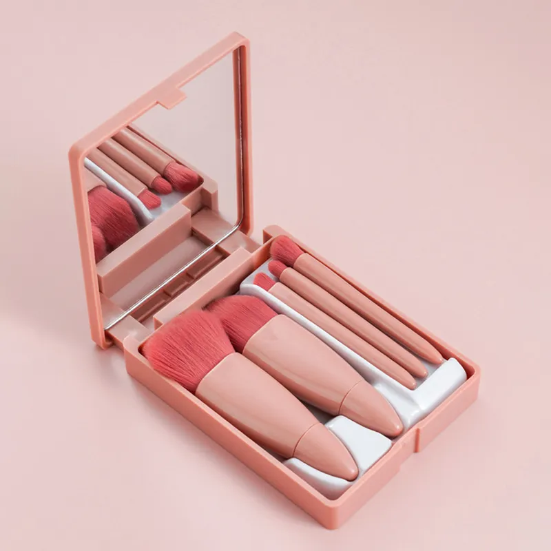 Set di pennelli per trucco da viaggio da 5 pezzi Mini pennelli per trucco Kit di pennelli cosmetici con piccola funzione completa con custodia e specchio perfetto