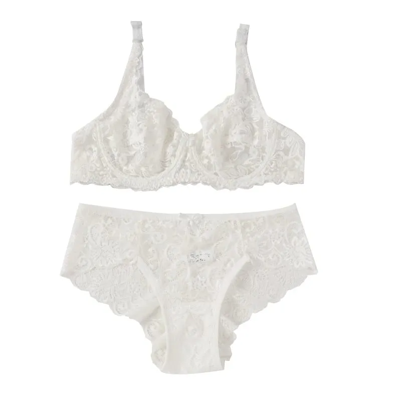 Sexy Lace Bra Set Women Push Up Non-pad Breathable Underwire Thin Solid Panties Underwear Exquisite Lingerie Daily