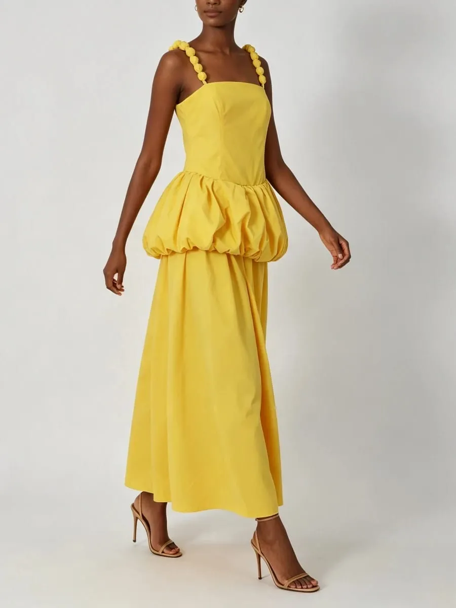 VGH Trend Yellow Maxi Dress Women Square Collar Sleeveless Folds Elegant Long Skirt for Club Evening Party Summer Fashion New