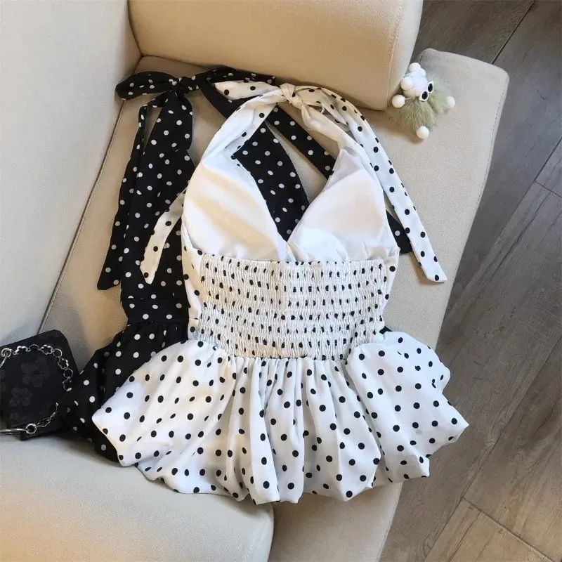 Backless Sexy Halter Beach Babydoll Crop Tops Women Polka Dots V neck Sleeveless T shirt Ruffles Basic Basic Tees Casual New