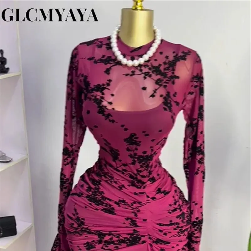 CM.YAYA 2025 Women Long Sleeve Ruched Mesh See Though with Lining Bodycon Long Dress Fall Evening Birthday Sexy Party Dresses