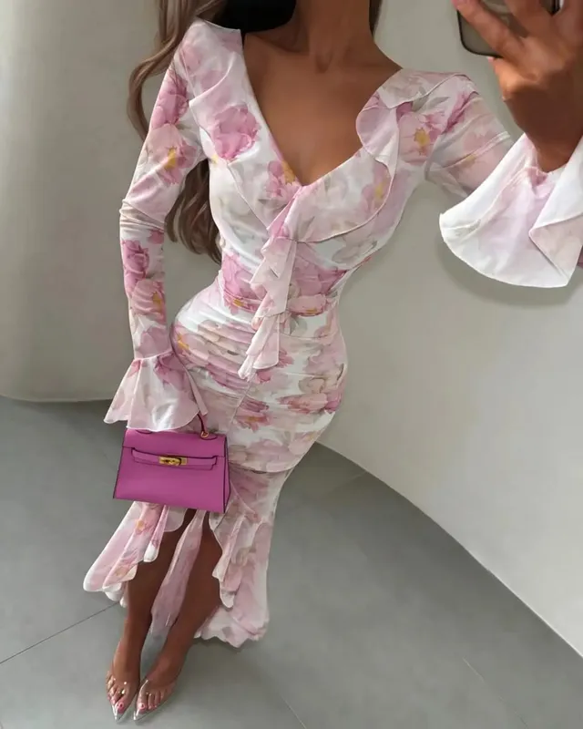 Women Chic Pink Floral Print Maxi Vestido Elegant V Neck Ruffle Trim Flare Sleeve Ruched High Chiffon Dress 2026 Party Outfit