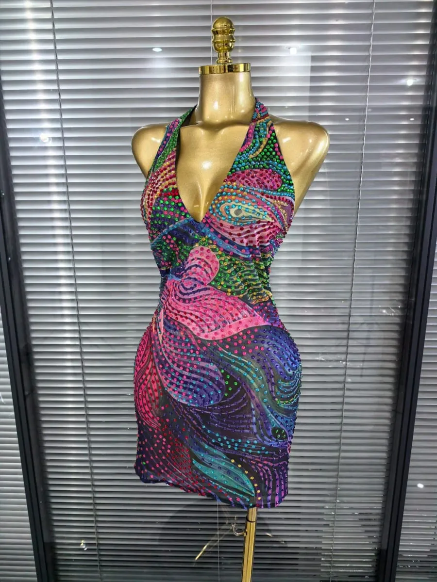 Blue Color Women Sexy Halter Backless Shinning Chain Bodycon Mini Dress Celebrate Nightclub Party Performance Costume Stage Wear