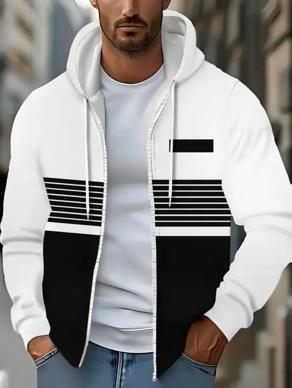 Hoodies for Man Striped Print Full Zip Sweatshirt Outdoor Wear Man Hoodie Fashion Casual Loose Sports Tops Pullover Man Clothing