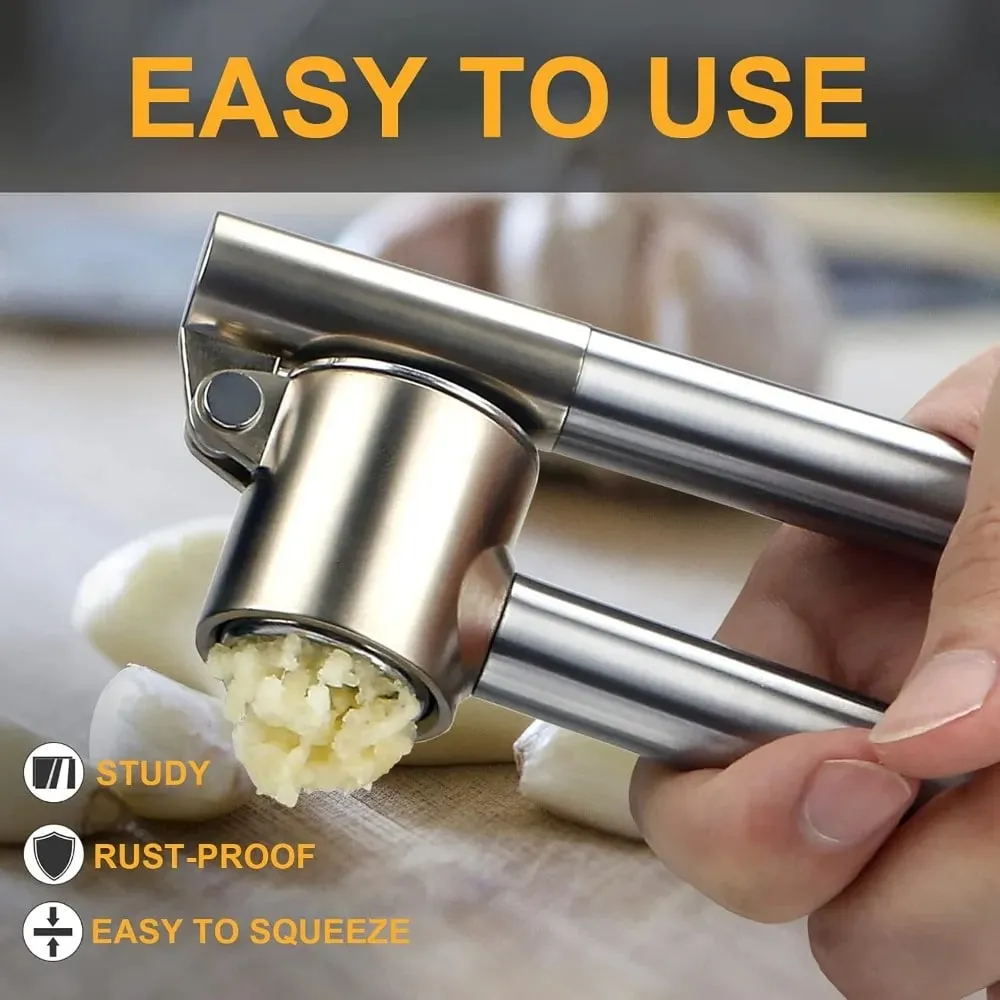 Stainless Steel Garlic Press Set - Manual Ginger Garlic Mincer Crusher Chopper Heavy Duty Easy Squeeze Rust Proof Easy Clean