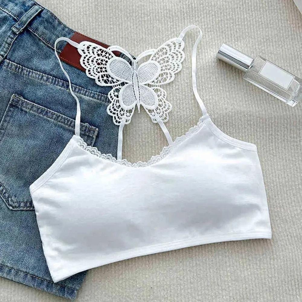 Flattering Slim Crop Top Women Lace Butterfly Back Cami Top Padded Built Bra Spaghetti Strap Sleeveless Tank Inner Underwear