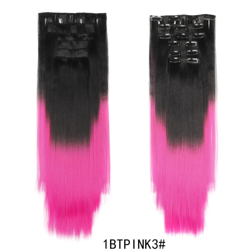 6PCS/Set Clip In Hair Extensions Long Straight Hair Full Head Ombre Gradient Color Synthetic Hairpiece For Women Daily Use