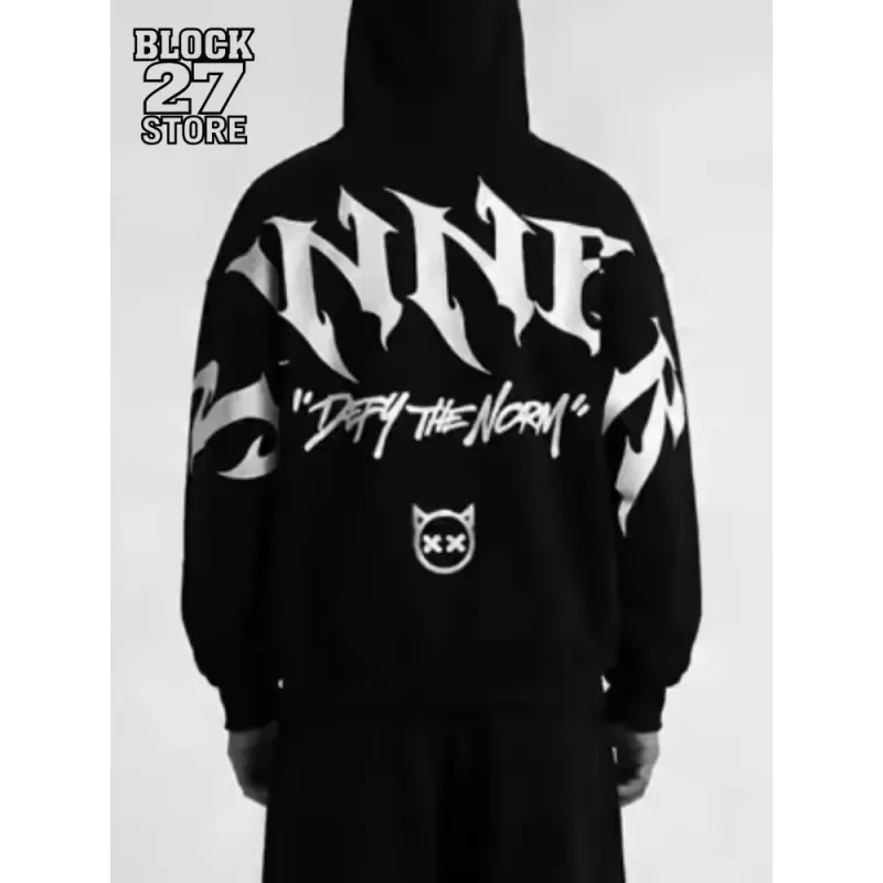 Herren Gothic Sinner Defy The Moon Print Übergroßer Kapuzenpullover Schwarz Streetwear Motorradfahren Lässiger Pullover Kapuzenpullover