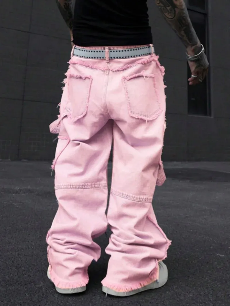 Pink Frayed Wide-Leg All-Season Cargo Denim Jeans