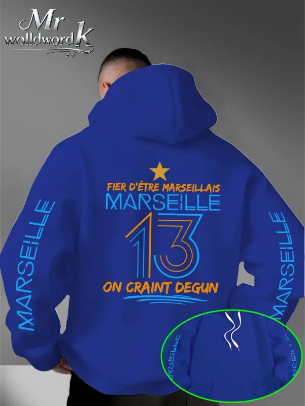 Men Marseille 13 City Graphic Hoodie Multi‑Print Sleeve Back Letter Hooded Sweatshirt Autumn Winter Fleece Loose Hoodie