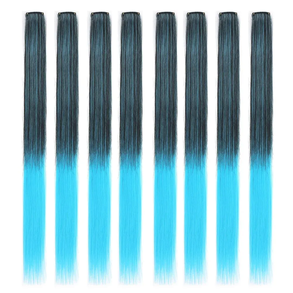 8pcs/pack Colored Party Highlights Clip in Hair Extensions for Girls 22 inches Multi-colors Straight Hair Synthetic Hairpieces