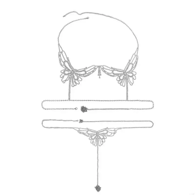 Rhinestones Outfit Body Jewelry Accessory Women's Bra Top and Panties Thong Body Chain Set for Vacation Wear
