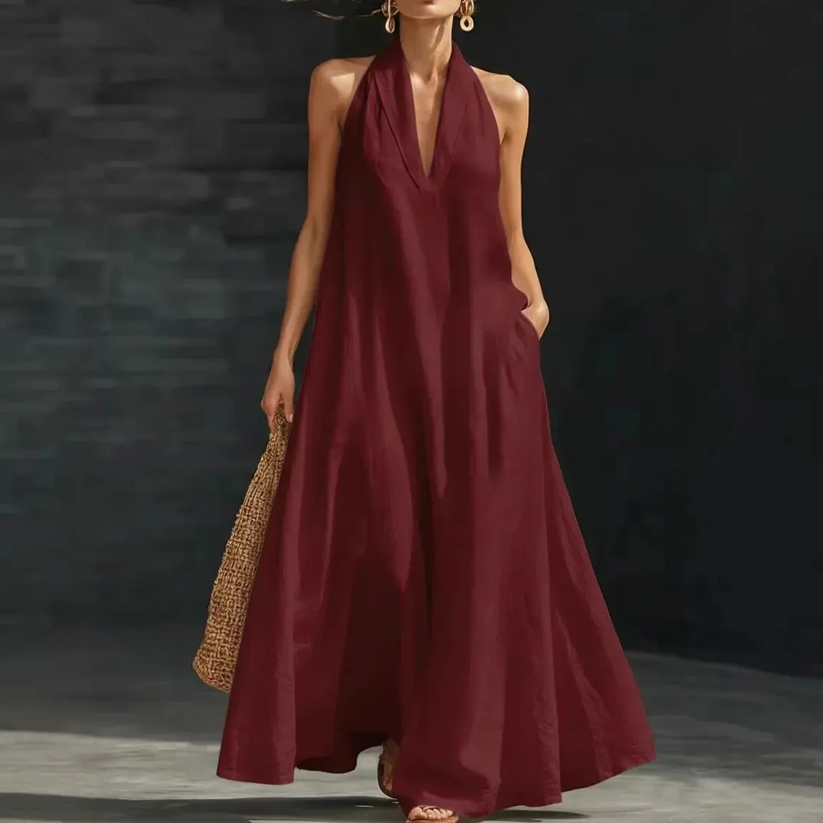 Women's Casual Dresses Sexy Solid V Neck Pocket A-Line Long Dress Spring Summer Sleeveless Loose Beach Vacation Maxi Mujer Dress