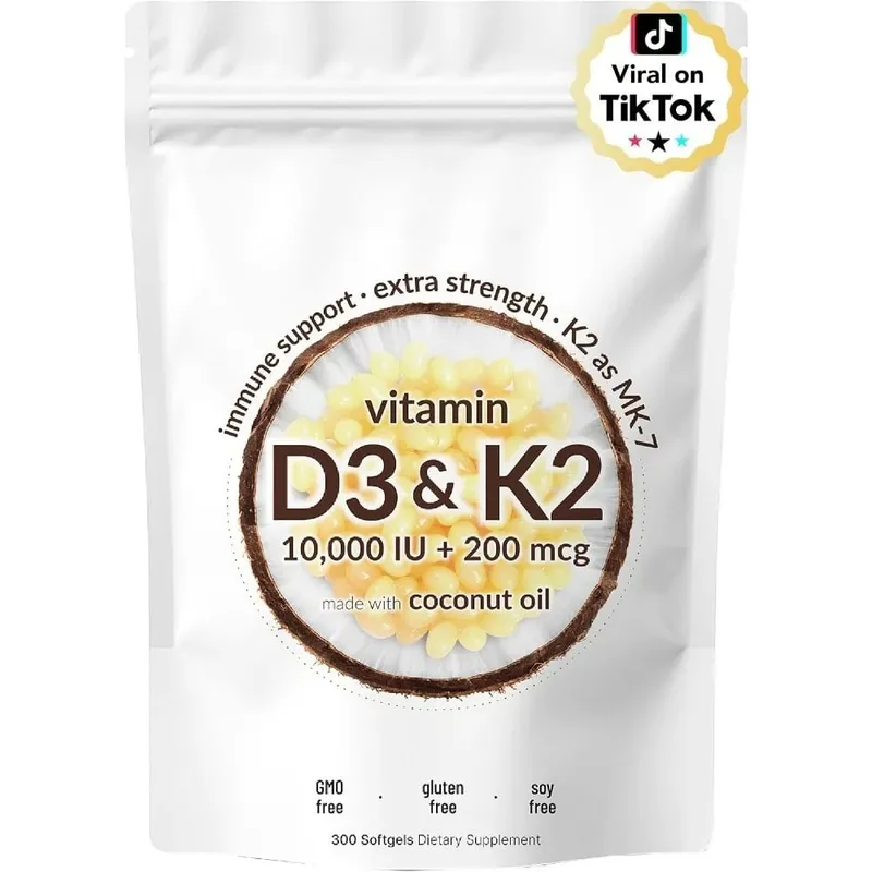 Vitamin D3 & K2 Softgels with 10 000 IU Vitamin D3 & 200 mcg K2 for Immune System & Bone Strength Support Adults 300 Softgels
