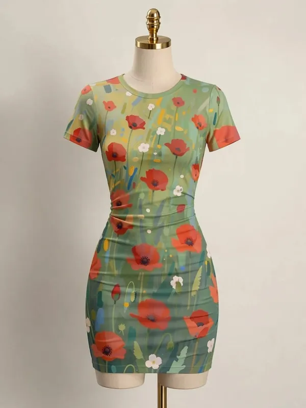 Womens Short Sleeve Bodycon Mini Dress Slim Fit Crew Neck Floral Print Casual Summer Party Cute Elegant Brunch Vacation Sundress