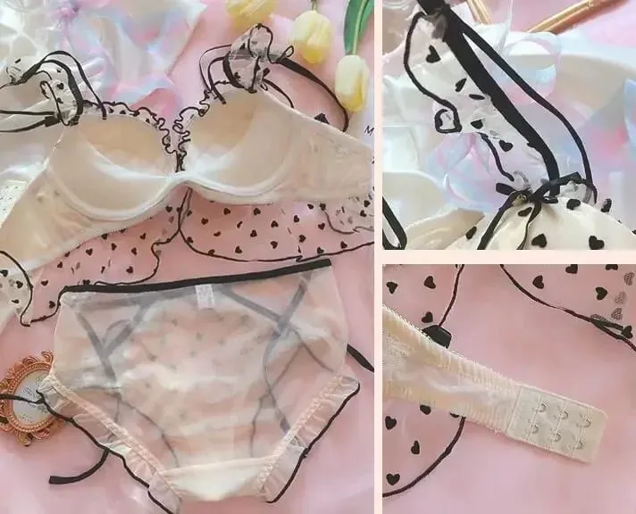 Cute Heart Lingerie Set for Girls Bralette & Panty Set Wire-Free Soft Bra Small Breasts Comfort