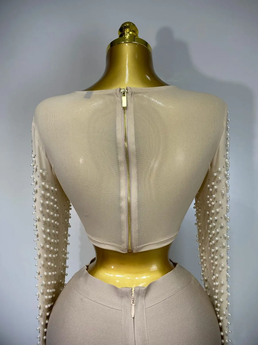 Women Sexy Long Sleeve Mesh Pearl Top Celebrity Midi Women Bandage Set 2025 Designer Evening Party Luxury Birthday Two Piece Set