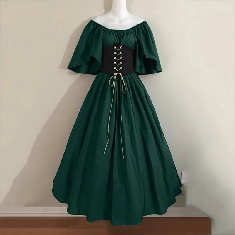 intage Women Dress Short Sleeves Lace-up Patchwork Long Dress Medievals Victoria Princess Cosplay Dresses Retro Party Vestidos