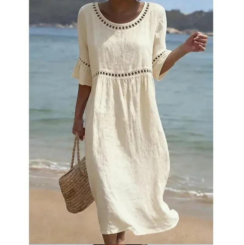 Hollow-out Solid Cotton Linen A-Line Dress Woman O Neck High Waist Loose Dresses Summer Flare Sleeve Beach Vacation Dress