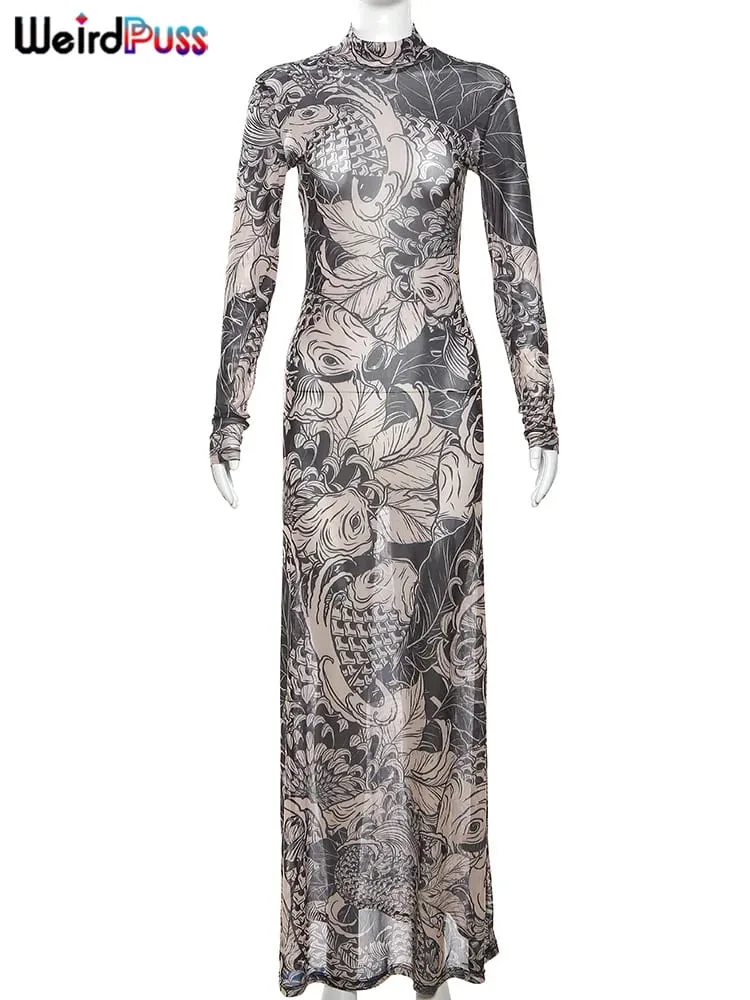 Weird Puss Mesh Print Dámské Maxi Šaty Rolák s rukávem Bodycon Podzim Trendy Bokovky High Street Party Y2K Oblečení