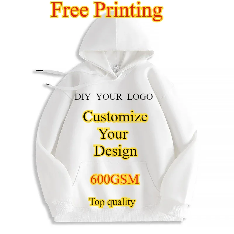 Customized Your Brand Logo DIY Design 600GSM Mens Hoodies High-quality Women Sweatshirt Solid Color Cotton Loose Streetwear
