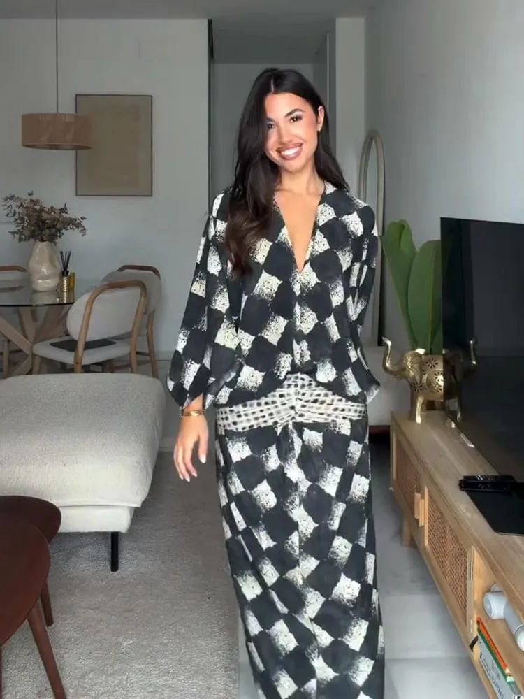 Women Dress Printed V-Neck Batwing Sleeve Cinched Waist Maxi Dresses Loose Fit Flowy A-Line Skirt Elegant Beach Chic Outerwears