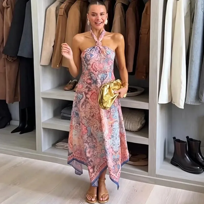 Floral Print Asymmetrical Hem Maxi Dress Women Halter Neck Sleeveless A-line Mesh Dresses 2026 Summer Chic Vacation Party Gown